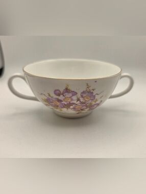 Vintage Porcelain Decorative Two-Handled Purple Floral Tea Cup w/ Gold Trim